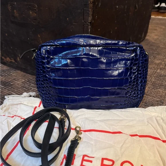 Clare V. Mirabel Cobalt Blue Croc-Embossed Crossbody Bag - Picture 4 of 4